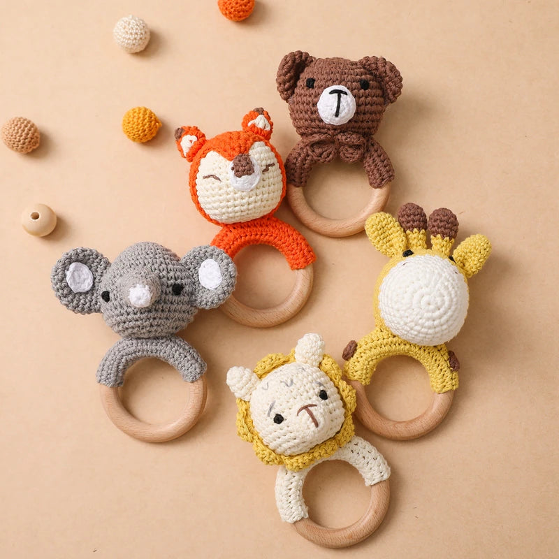 1Pc Baby Teether Music Rattles for Kids Animal Crochet Rattle Elephant Giraffe Ring Wooden Babies Gym Montessori Children'S Toys