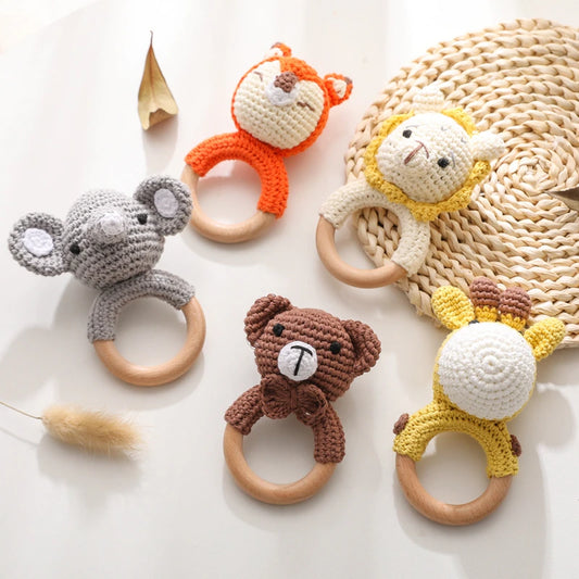 1Pc Baby Teether Music Rattles for Kids Animal Crochet Rattle Elephant Giraffe Ring Wooden Babies Gym Montessori Children'S Toys